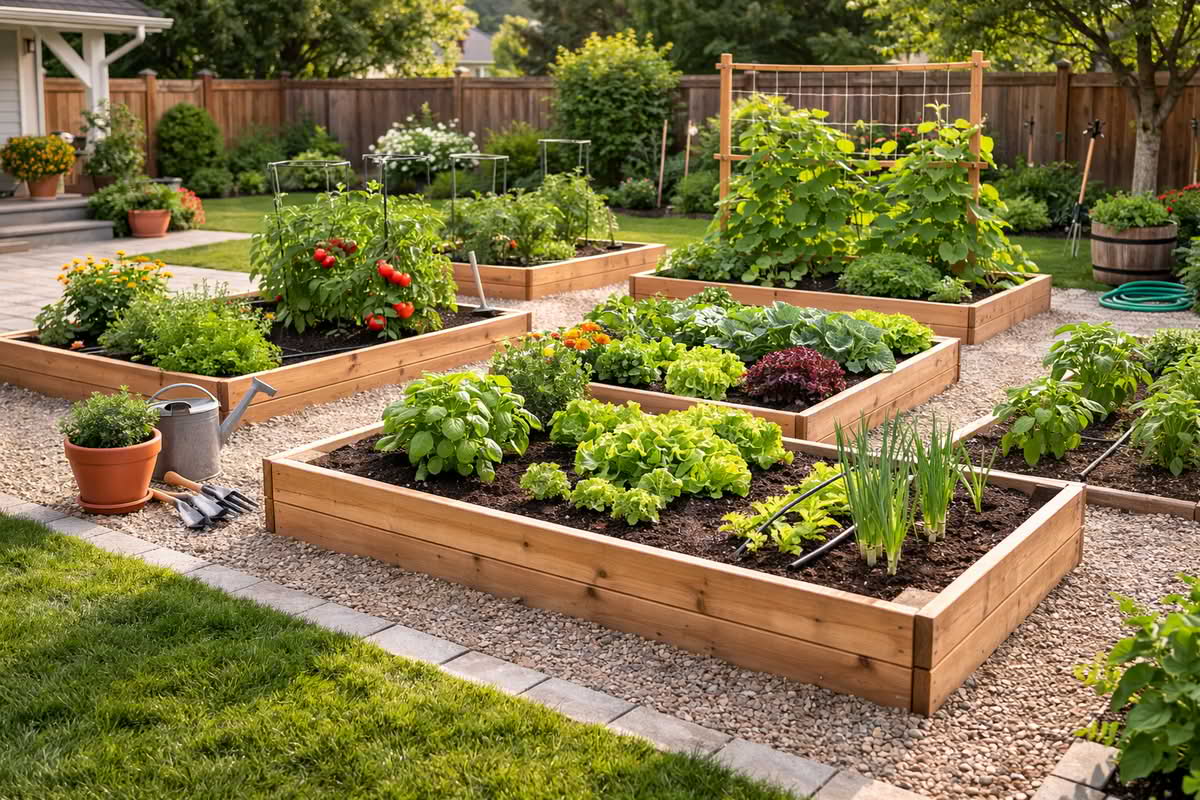 organized raised bed vegetable garden layout with pathways between beds