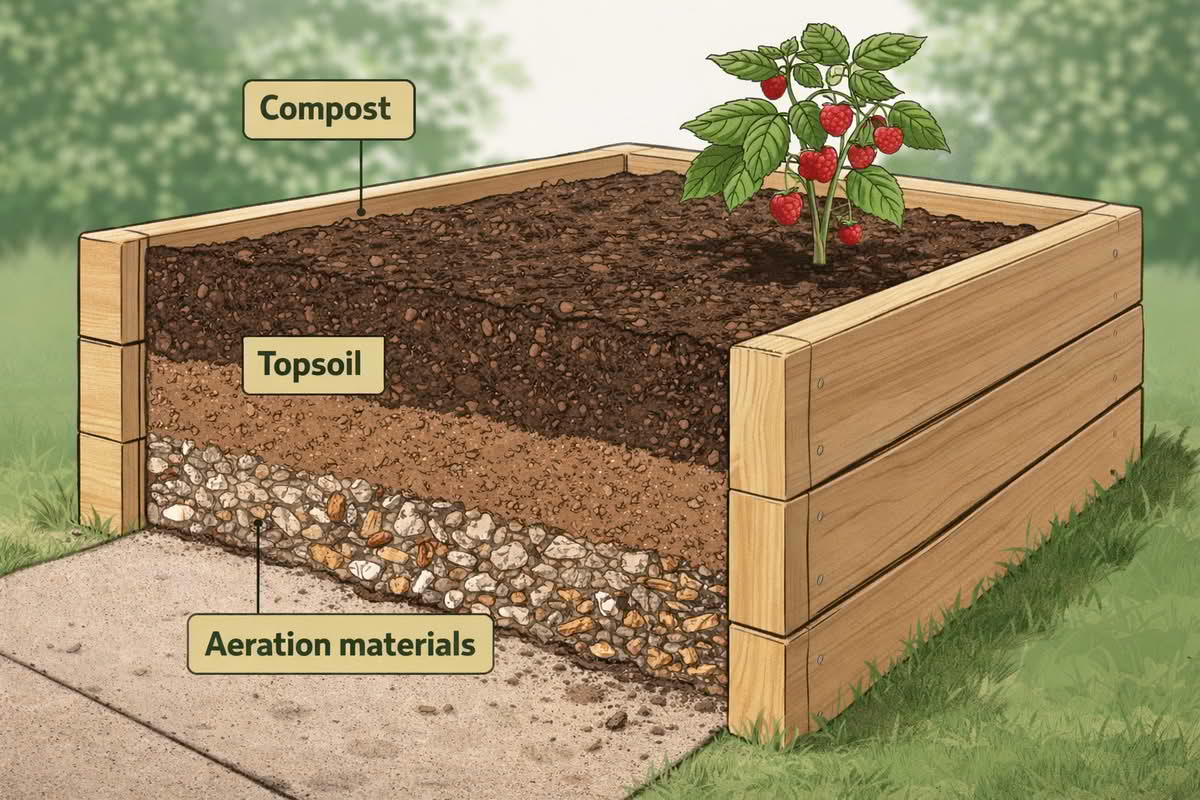 diagram showing raised garden bed soil layers with compost and topsoil