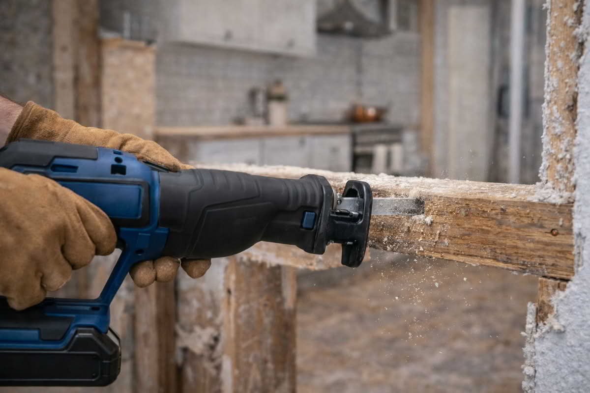 A reciprocating saw cutting through an old wood stud during a home remodeling project in a partially opened wall