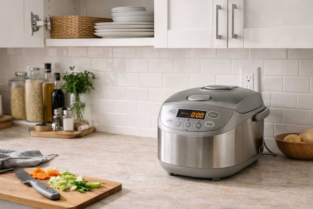 A rice cooker on a real kitchen counter with limited nearby prep space and cabinet storage context, illustrating countertop fit and everyday kitchen handling
