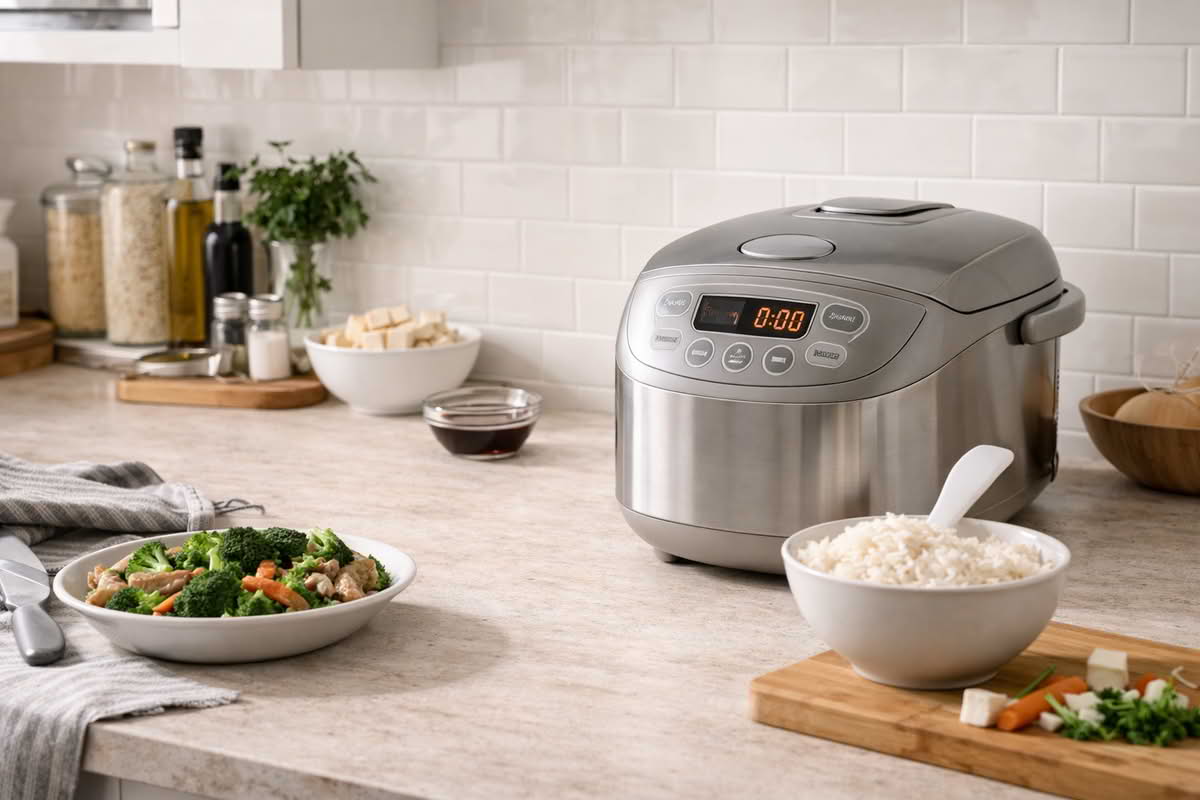 A realistic rice cooker in a finished home kitchen beside prepared ingredients and cooked rice, showing its role in everyday meal prep and routine grain cooking