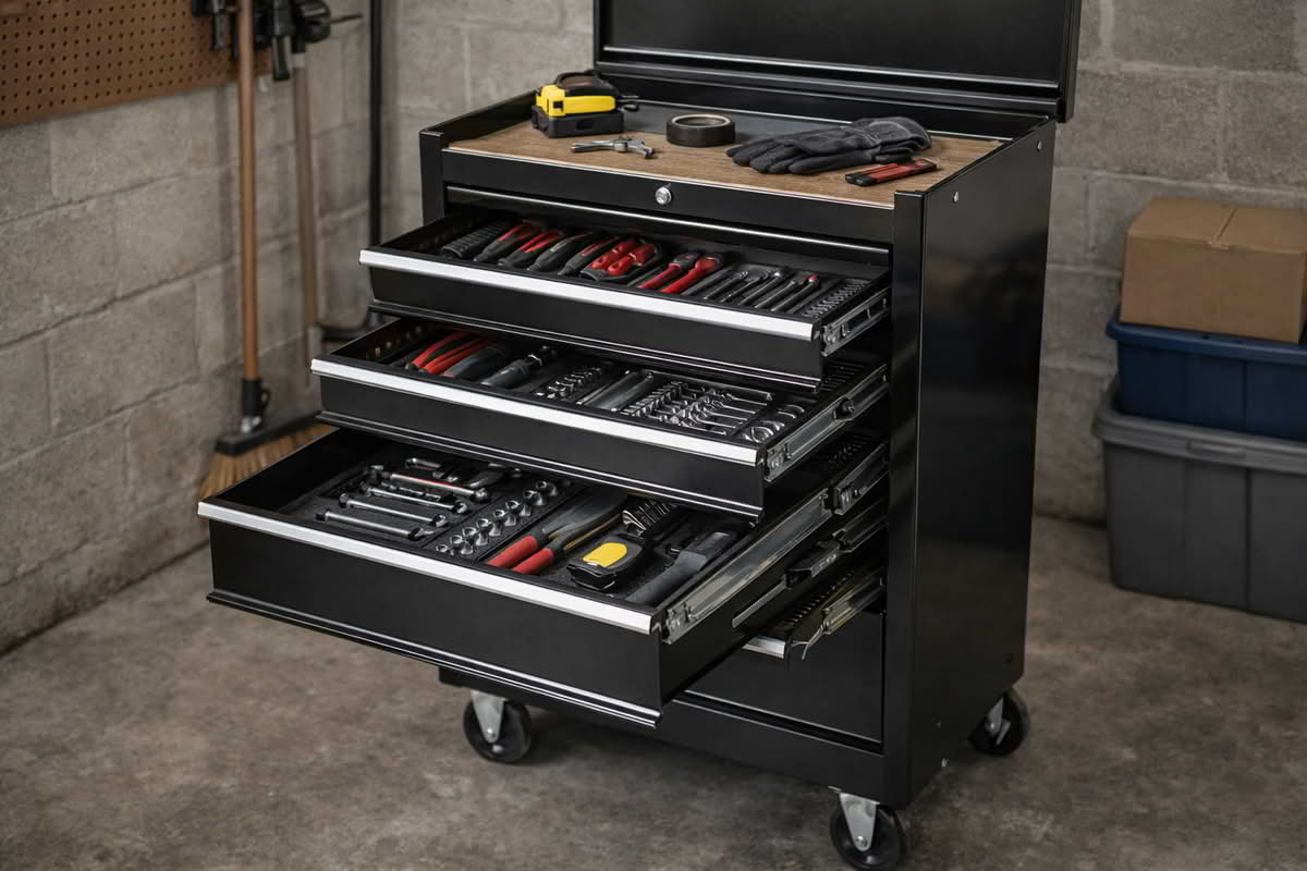 A rolling tool chest in a garage with drawers partly open to show organized hand tools, sockets, and tool accessories