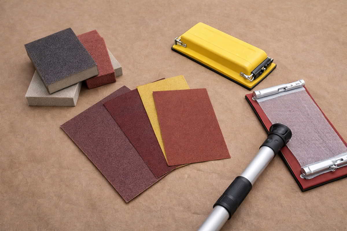 Different sanding tools and abrasive formats laid out for patching, trim prep, and wall sanding