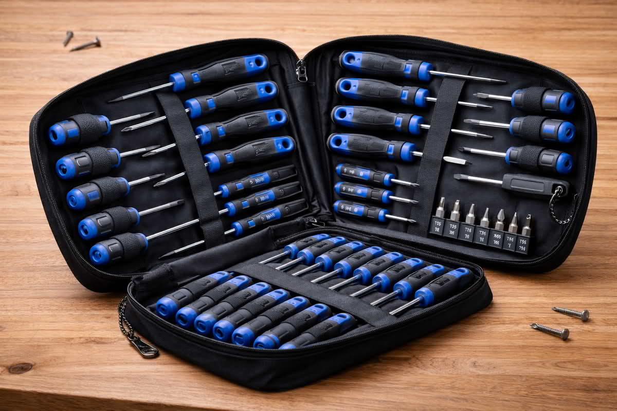 A screwdriver set laid out with full-size drivers, precision drivers, and clearly labeled tips arranged by size and type