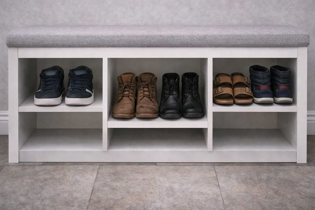 Shoe storage arranged by category with everyday shoes, boots, and seasonal footwear separated into zones