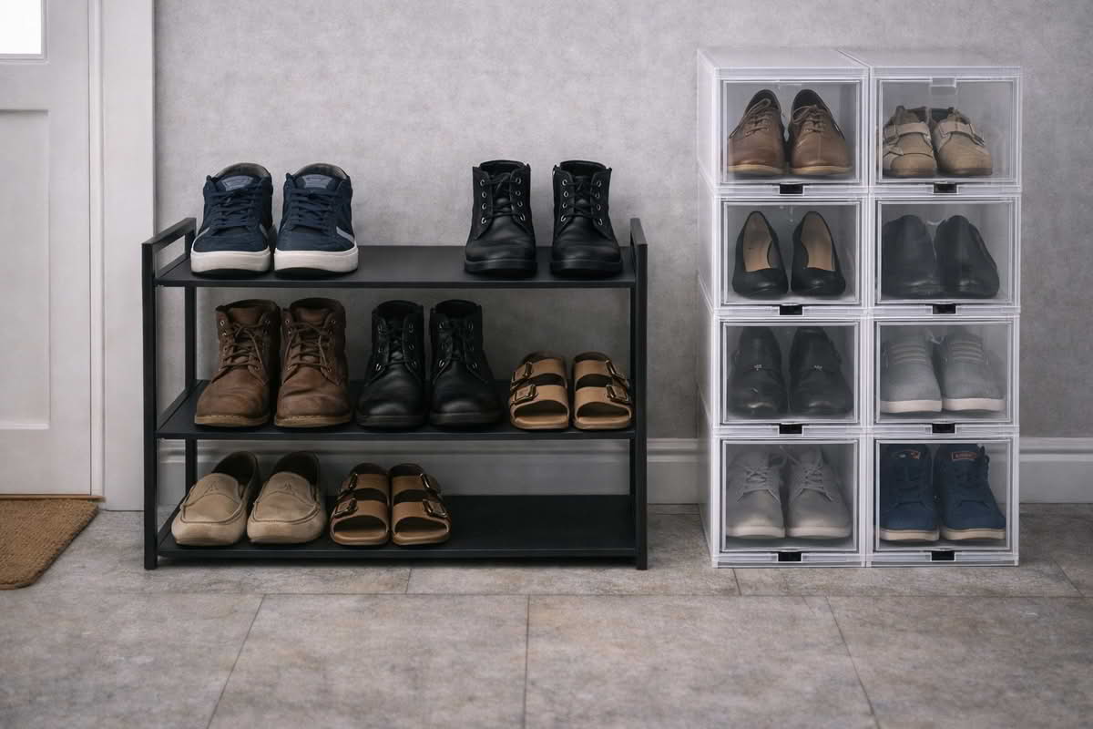Shoe storage using open racks for daily pairs and stackable boxes for less frequently worn shoes