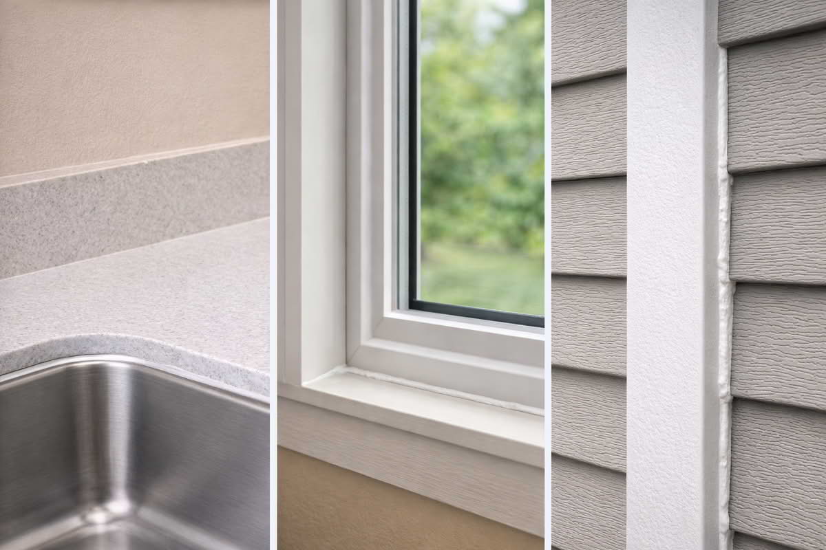 Sealant cartridges and common household joint areas such as a sink edge, window trim, and exterior seam
