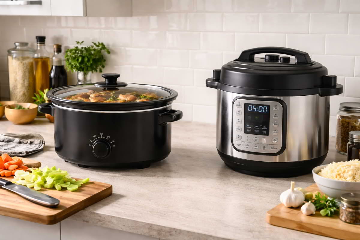 A realistic home kitchen counter showing a simple slow cooker and a multi-cooker side by side, illustrating passive long cooking versus broader one-pot flexibility