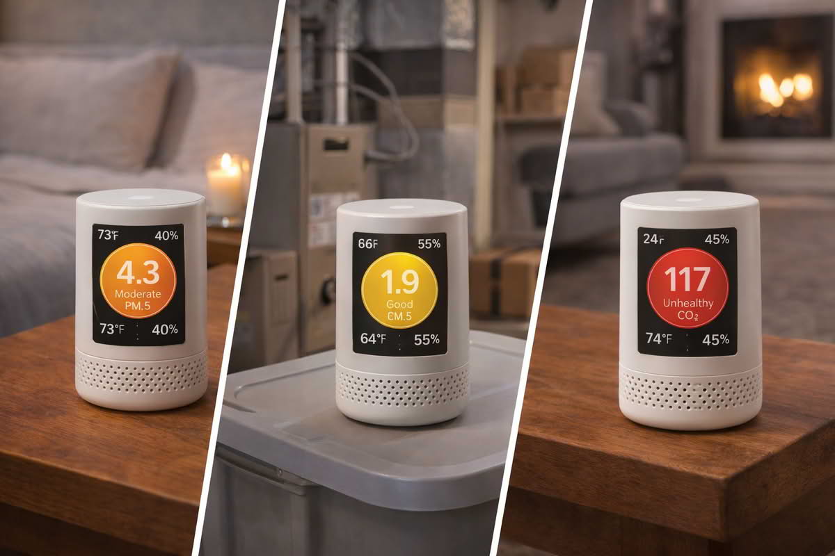 Multiple smart air quality sensors placed in a bedroom, basement, and living room to compare room conditions