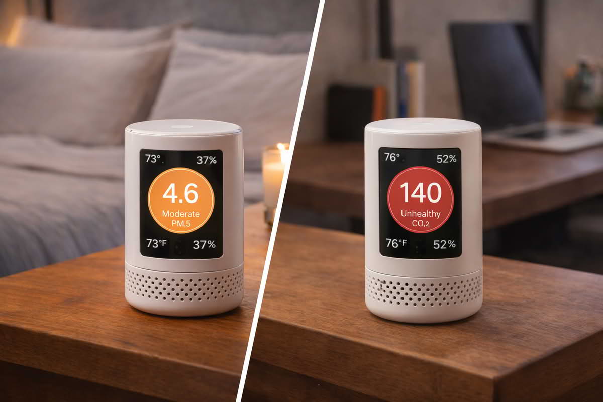 Smart air quality monitor showing temperature, humidity, and room condition changes in a bedroom and home office