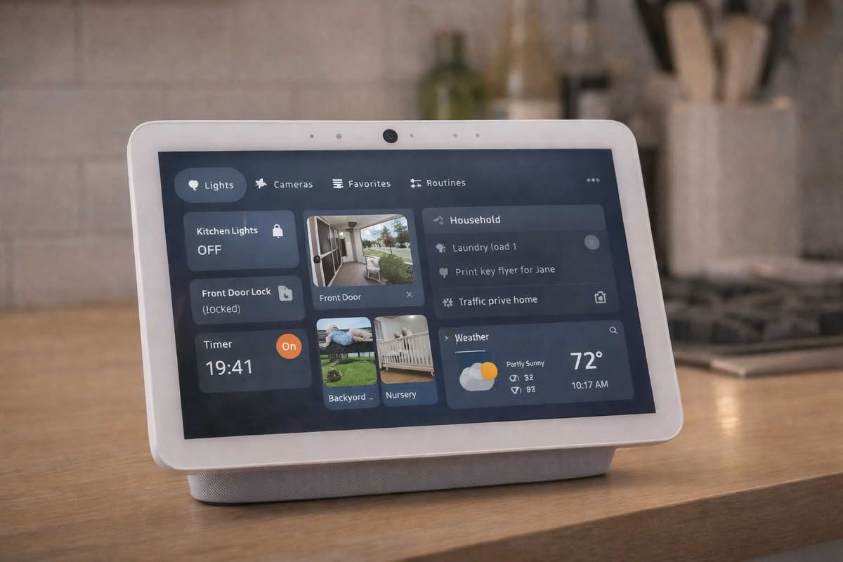 Smart display showing smart-home controls, camera feeds, timers, and a household dashboard in a kitchen