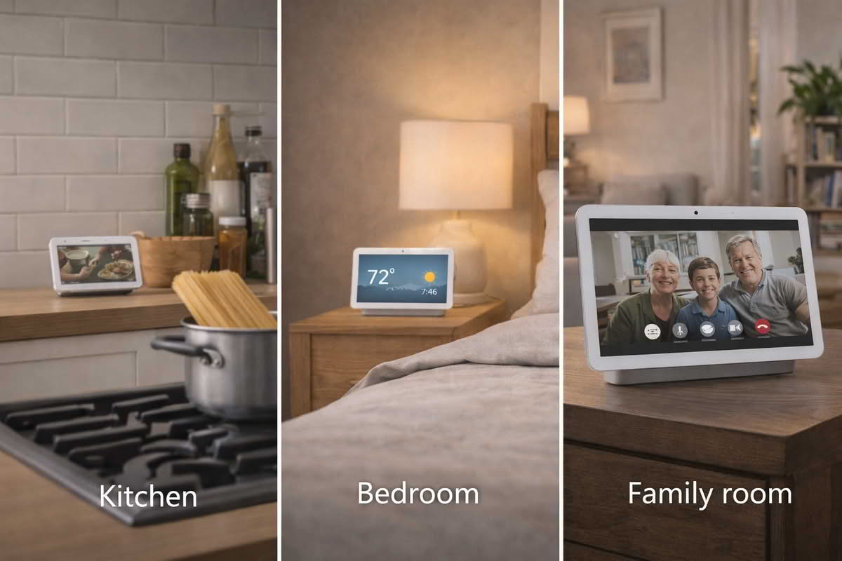 Smart displays placed in a kitchen, bedroom, and family room to show different screen-size and room-fit needs