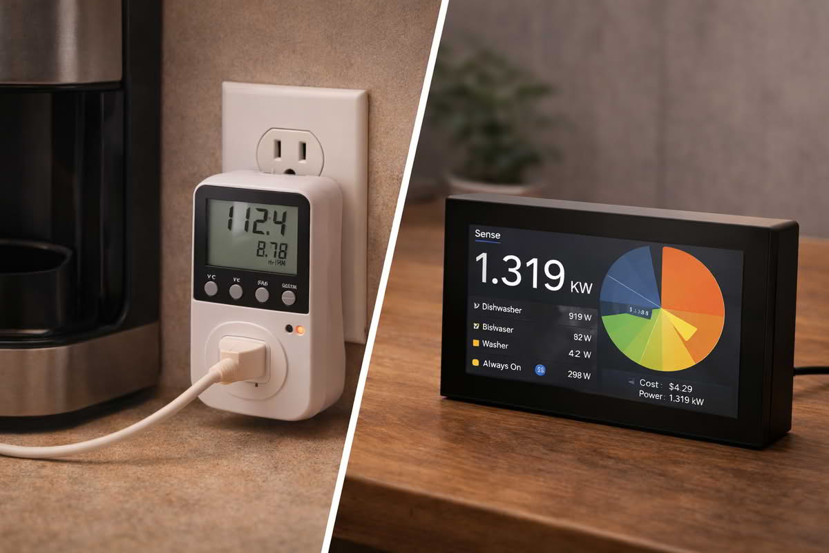 Energy monitoring setup comparing appliance-level plug measurements with a whole-home electricity usage display