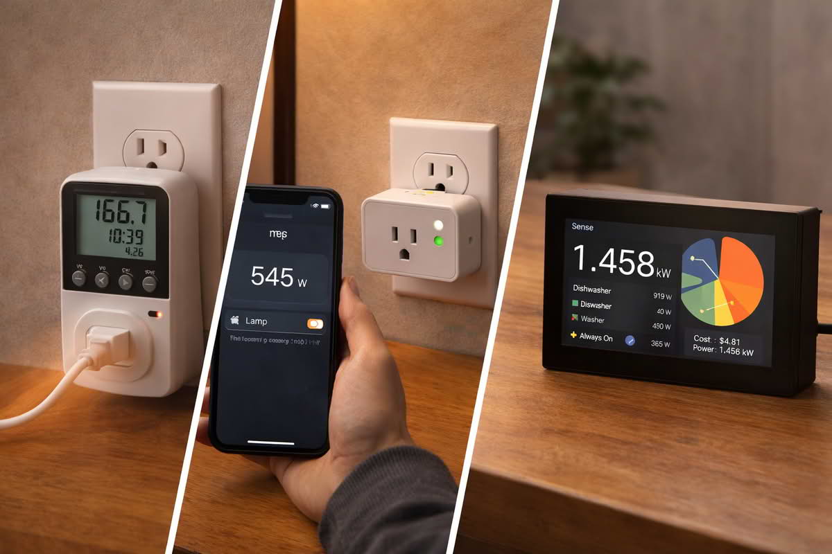 Smart energy monitoring tools including a plug-in monitor, smart plug, and whole-home energy tracking display