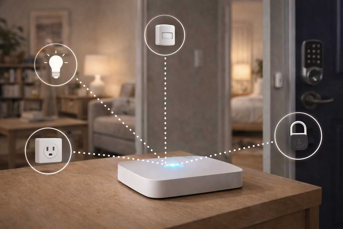 Smart home hub coordinating lights, sensors, plugs, and locks across multiple rooms