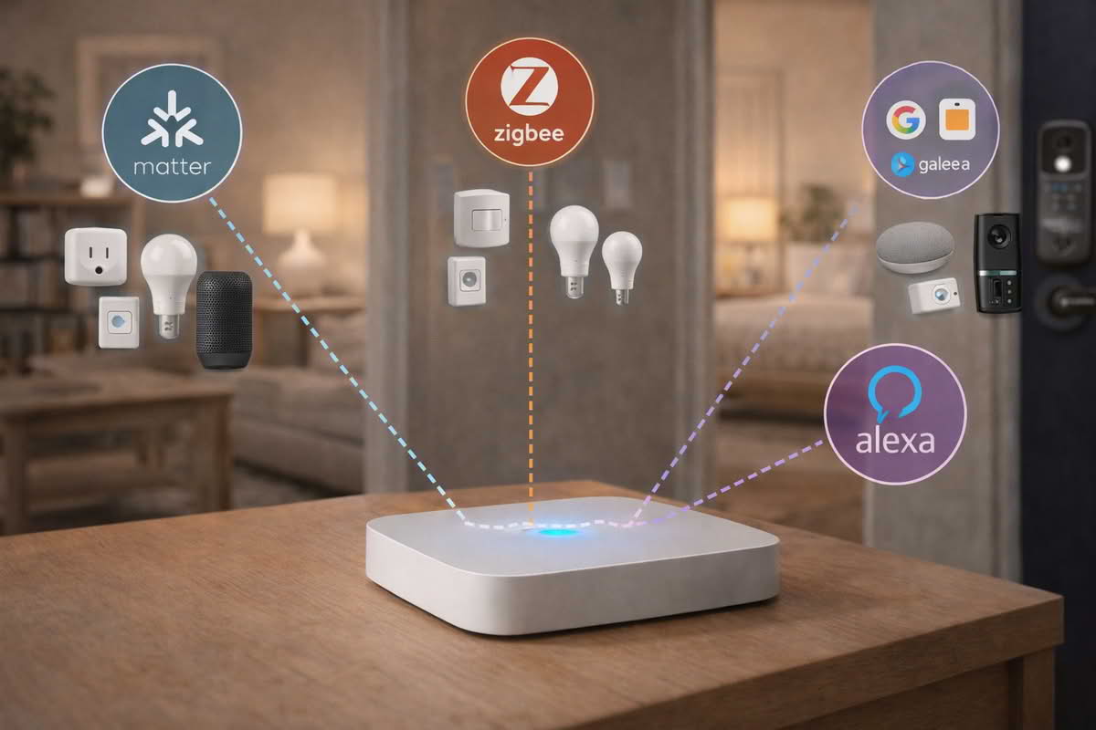 Smart home hub setup showing Matter-friendly, Zigbee, and platform-specific device integration paths
