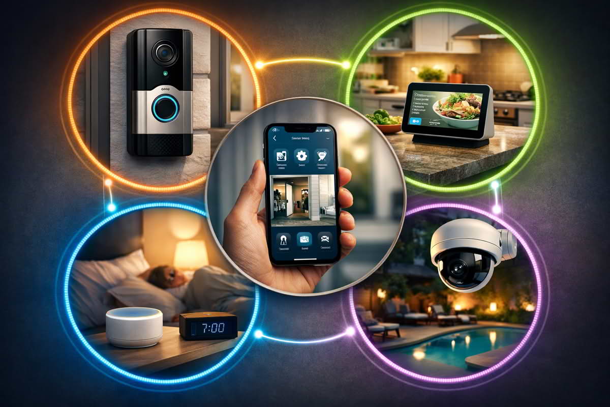 Smart home device zones across a house including a front camera, bedroom speaker, kitchen display, and garage controller