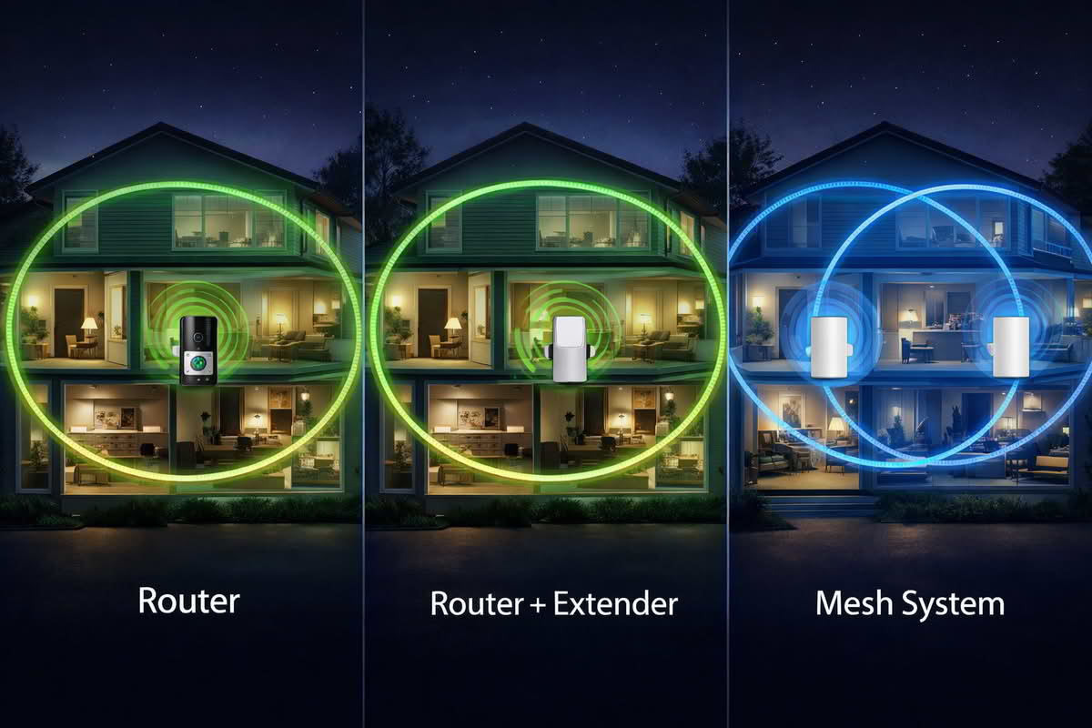 Starter smart home network options showing a central router, a router with extender, and a two-node mesh system