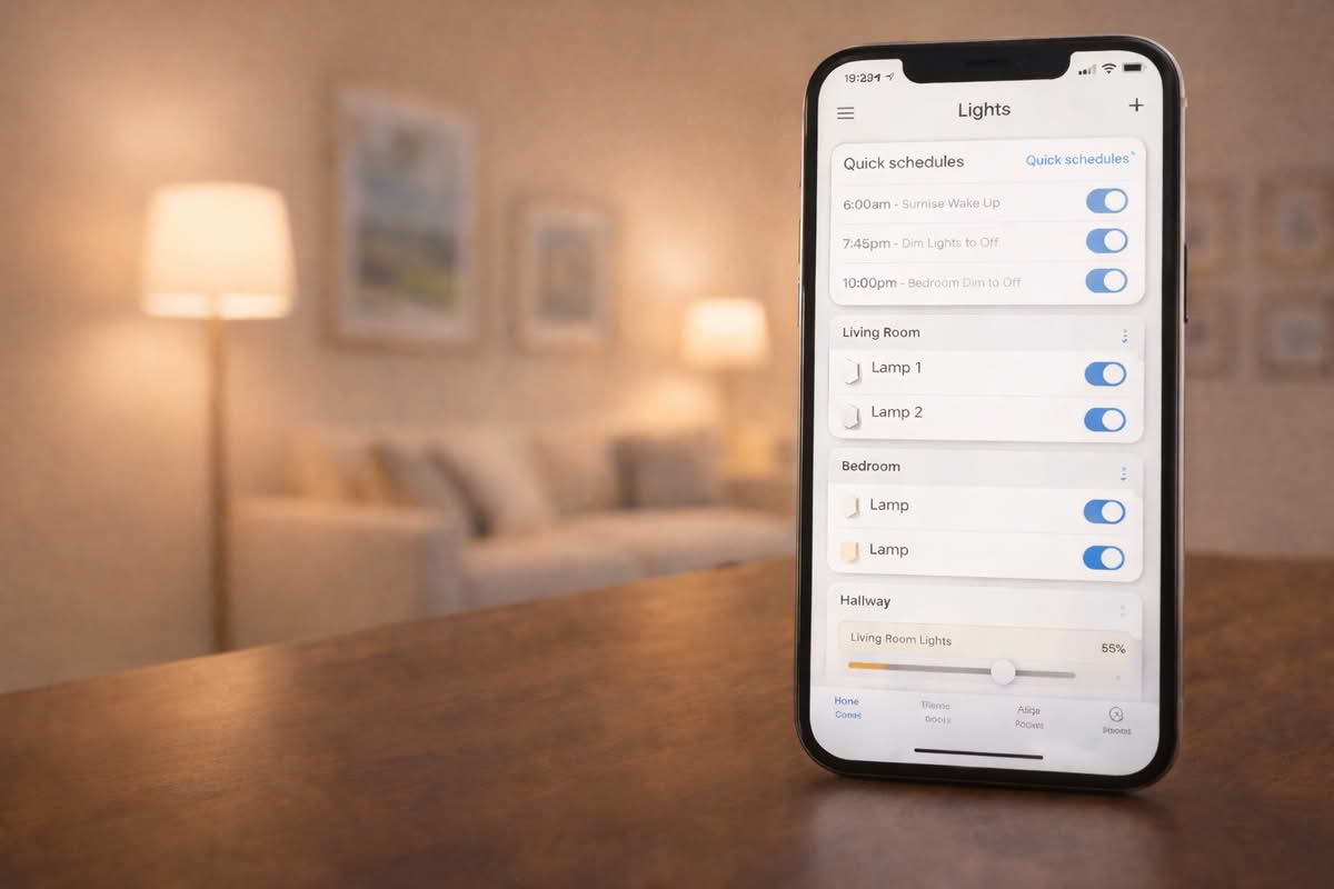 Smart light bulb app showing grouped room lighting, schedules, and dimming routines
