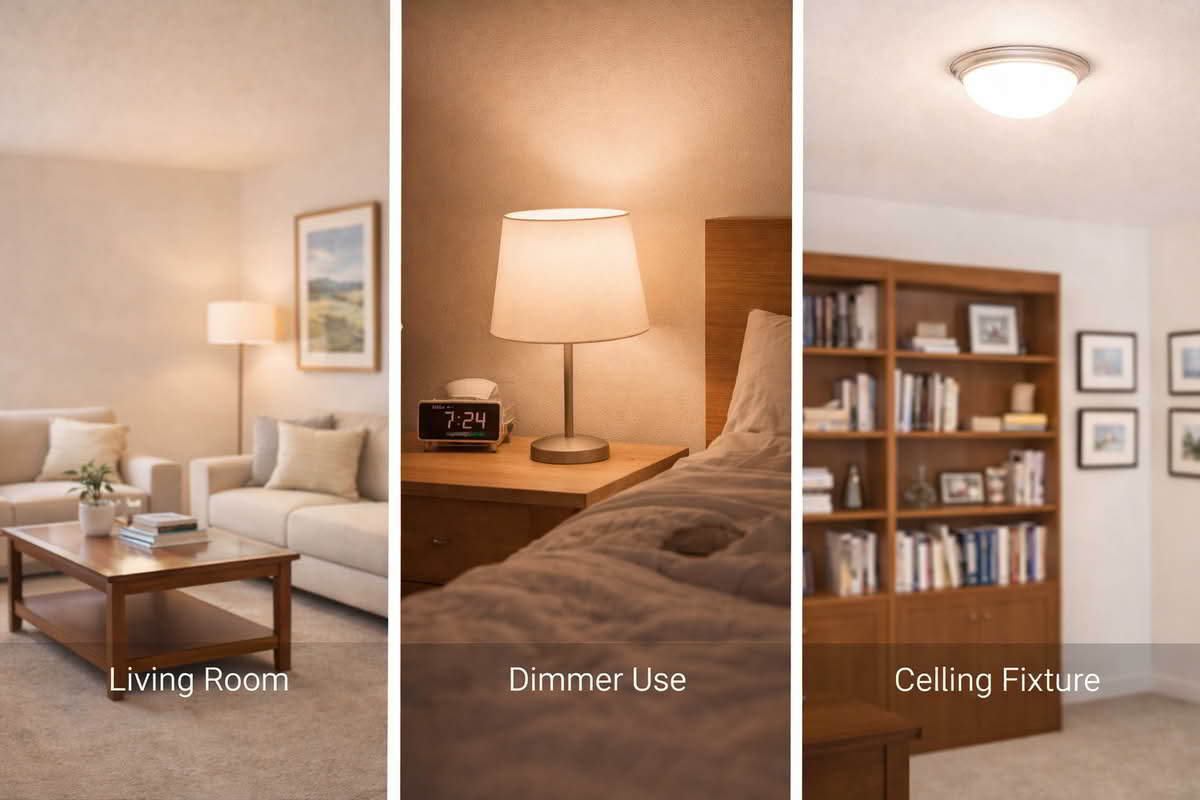 Smart light bulbs used in a living room lamp, bedside lamp, and ceiling fixture with different light qualities