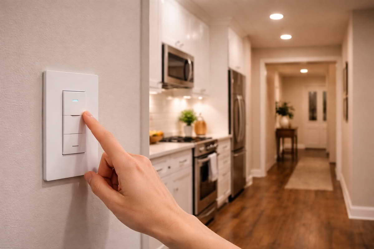 Smart light switch controlling ceiling lights in a kitchen and hallway with normal wall use
