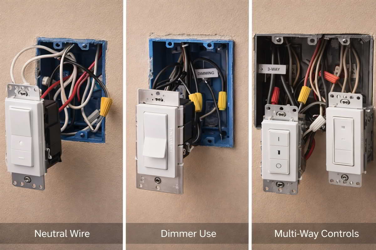 Smart light switch wiring examples showing neutral wire, dimmer use, and multi-way wall controls