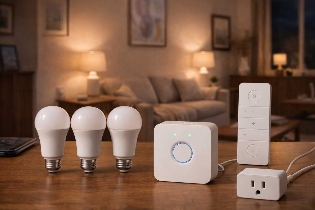 Smart lighting starter kit components including bulbs, bridge, remote, and plug arranged for room setup