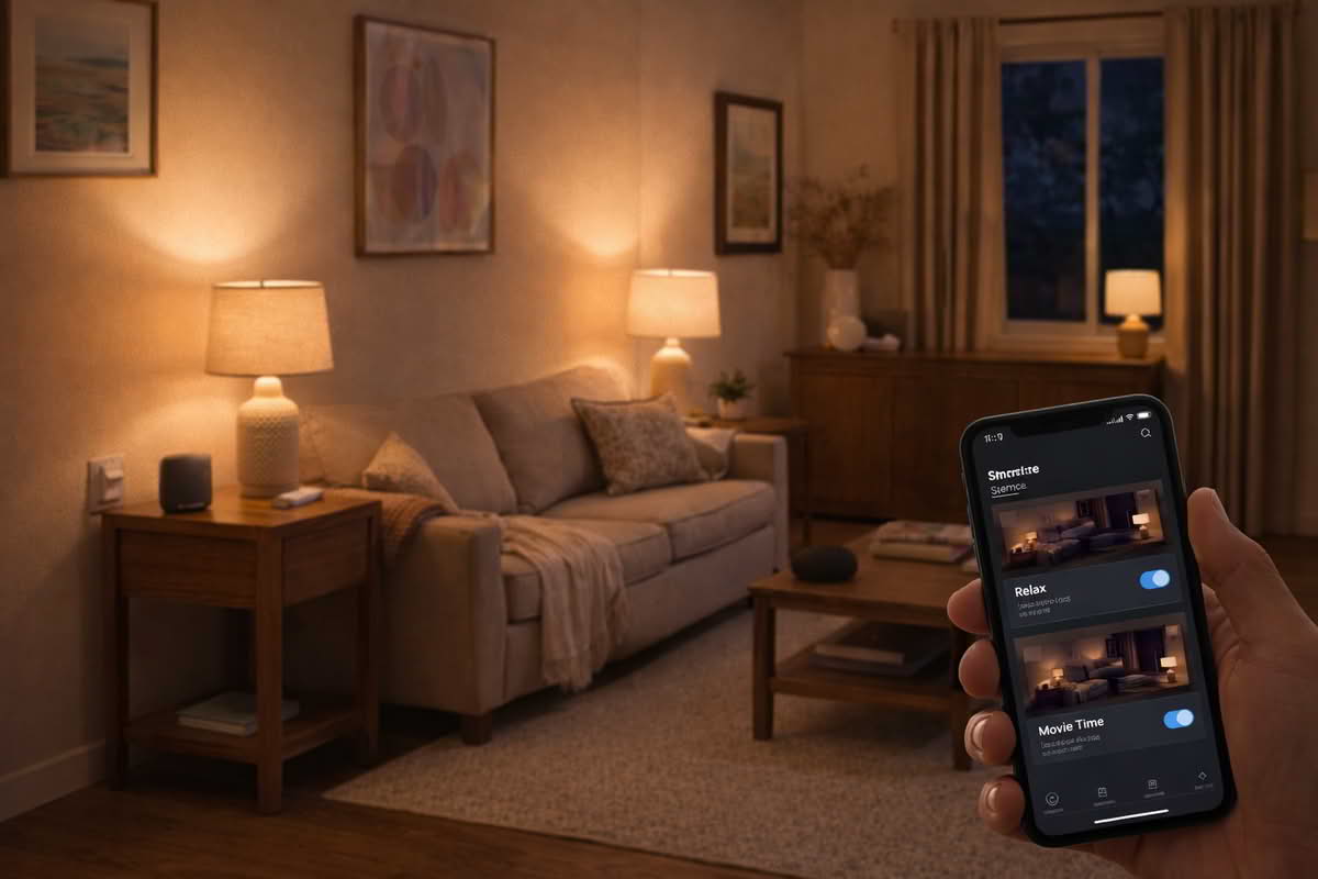 Smart lighting starter kit used in a living room with table lamps and grouped evening lighting scenes