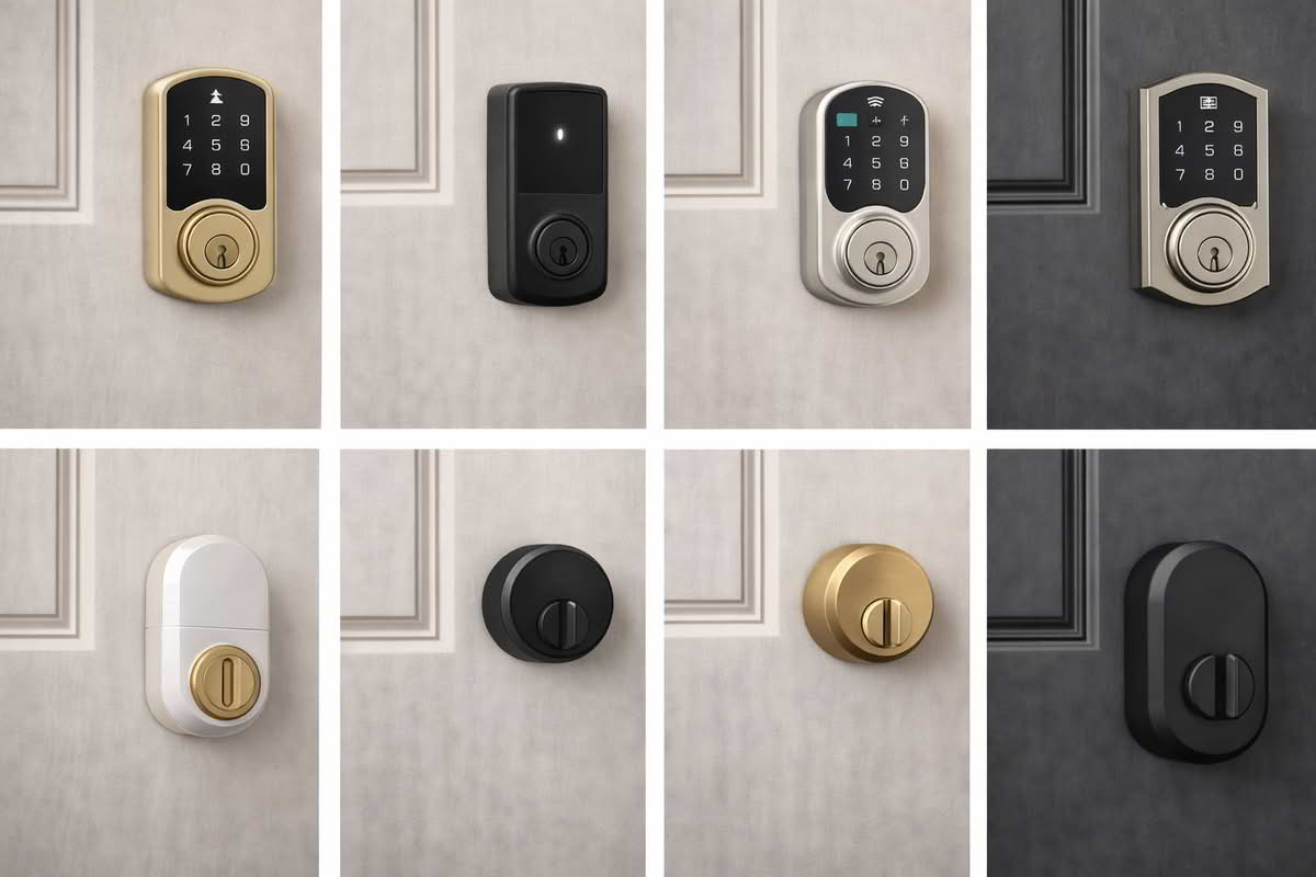 Collage of smart lock types showing full replacement and retrofit deadbolt styles on residential door sections
