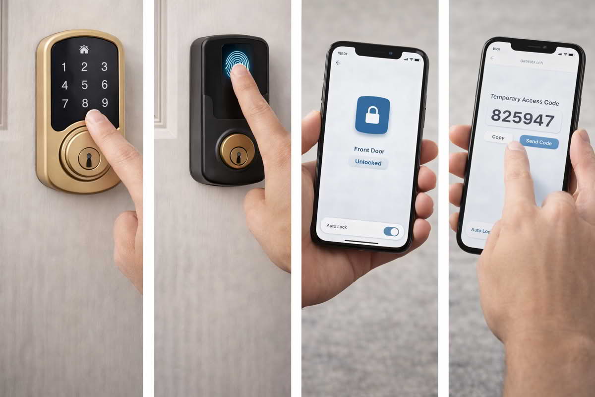 Smart lock with keypad, fingerprint reader, phone control, and temporary access code setup