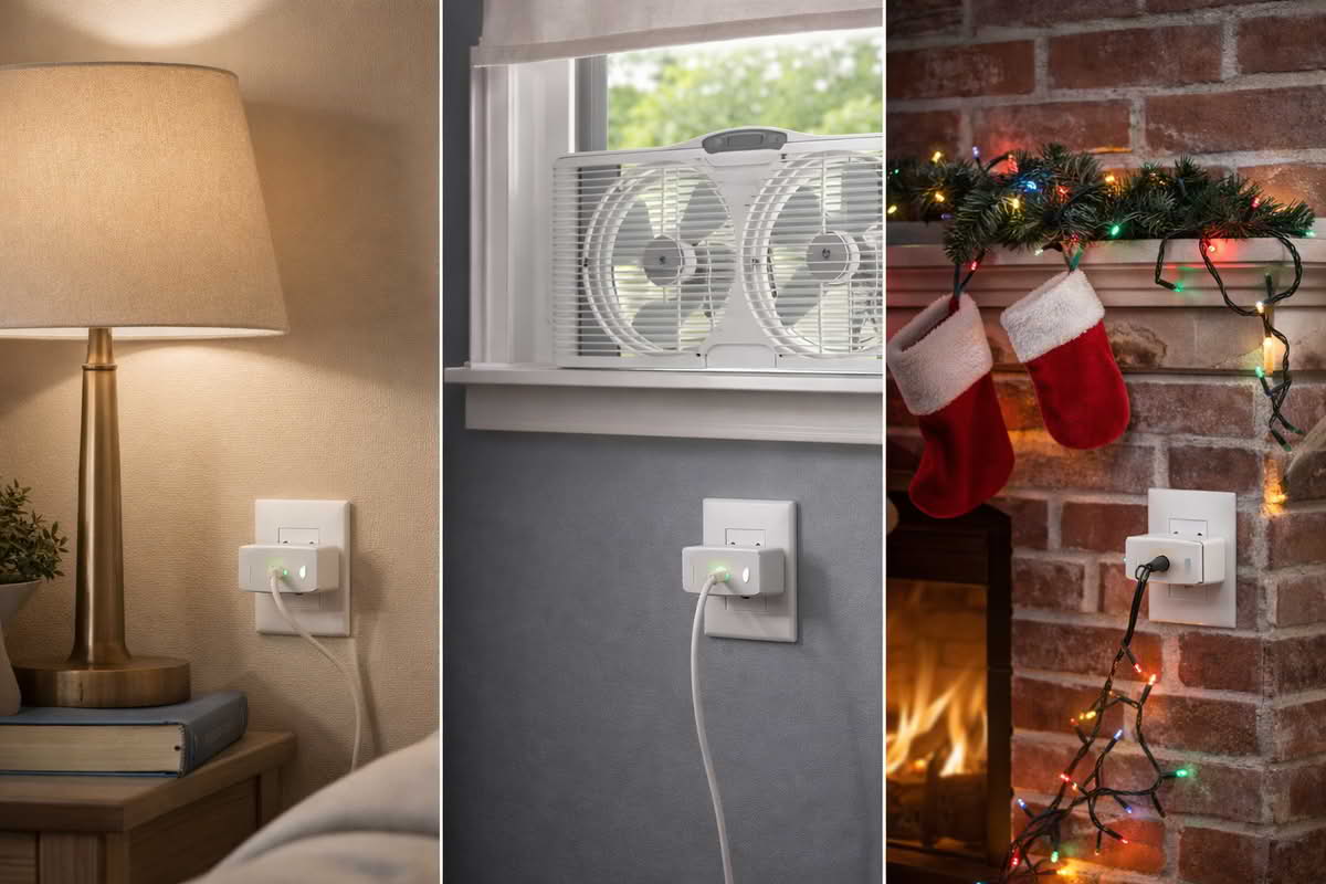 Smart plugs controlling a table lamp, window fan, and seasonal lighting in different areas of a home