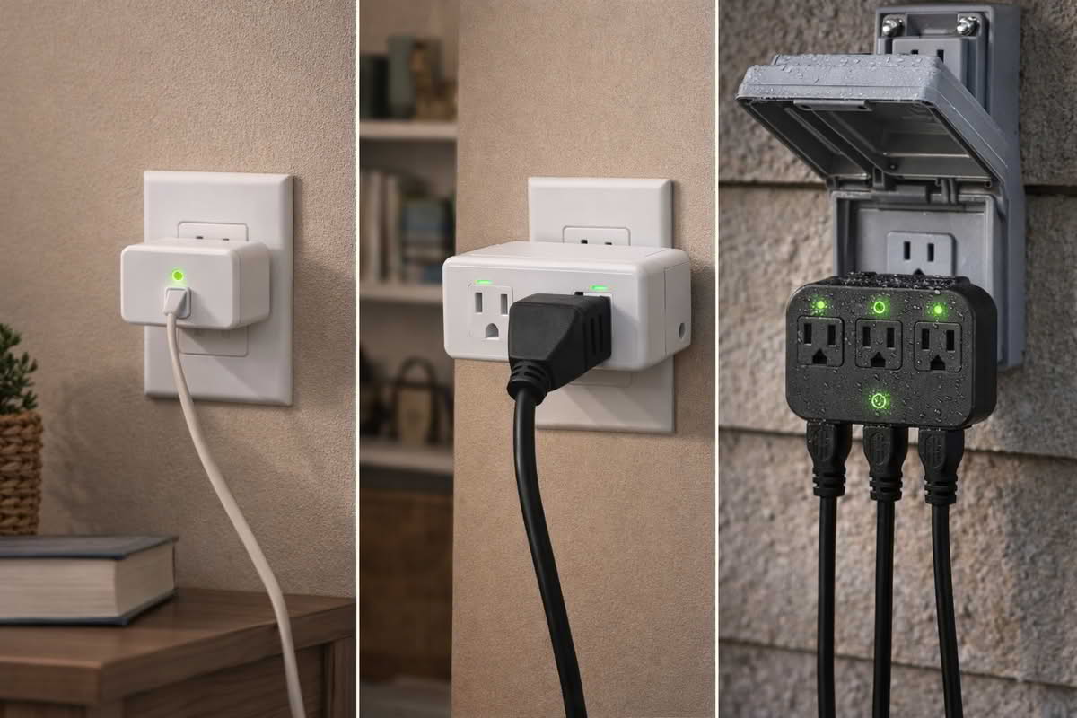 Different smart plug shapes in indoor and outdoor outlets showing compact, dual-outlet, and weather-resistant designs