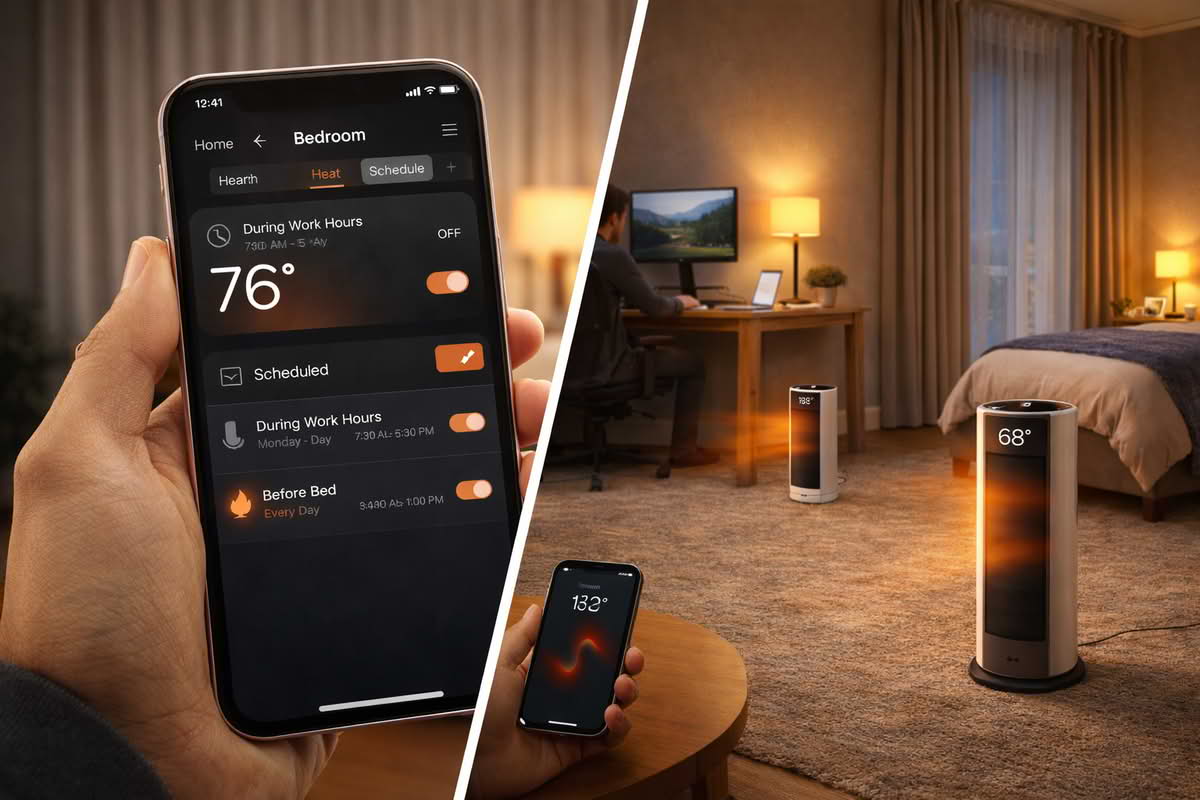 Smart space heater app showing room schedule, temperature setting, and timed heating routines