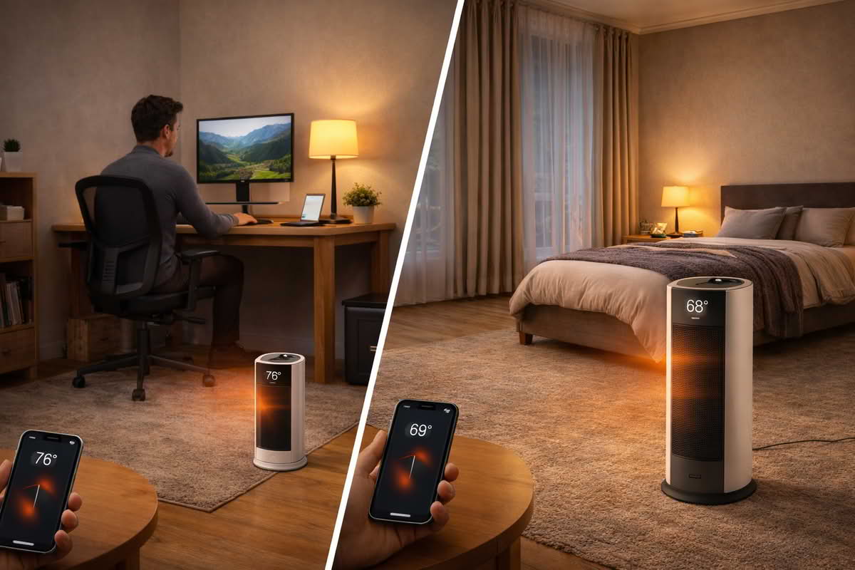 Smart space heater used in a home office and bedroom to provide room-specific supplemental heat