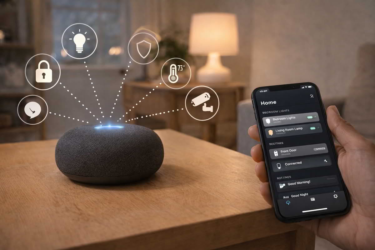Smart speaker controlling lights and routines in a home while connected to a broader voice assistant ecosystem