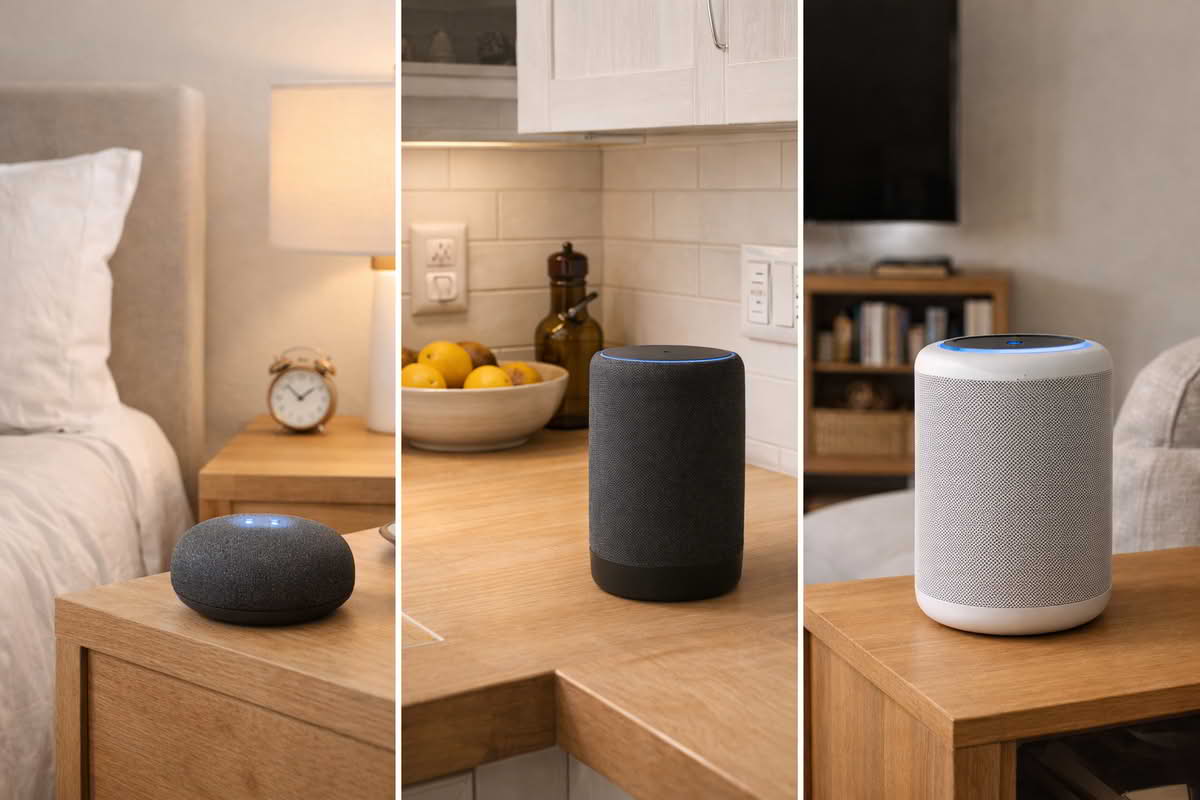 Smart speakers placed in a bedroom, kitchen, and living room to show different room-size and audio-use needs