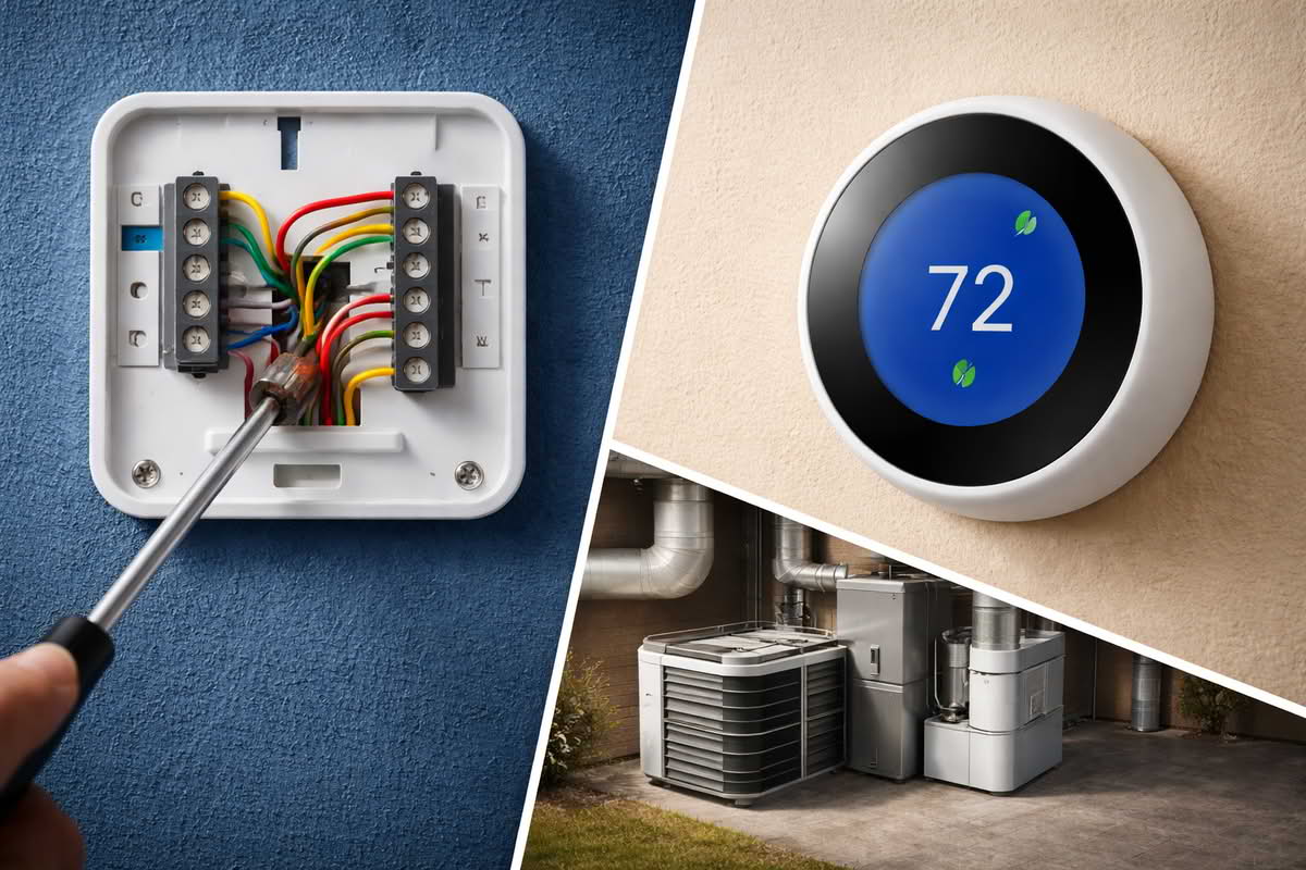 Smart thermostat installed on a wall with central HVAC system wiring and heat pump compatibility planning