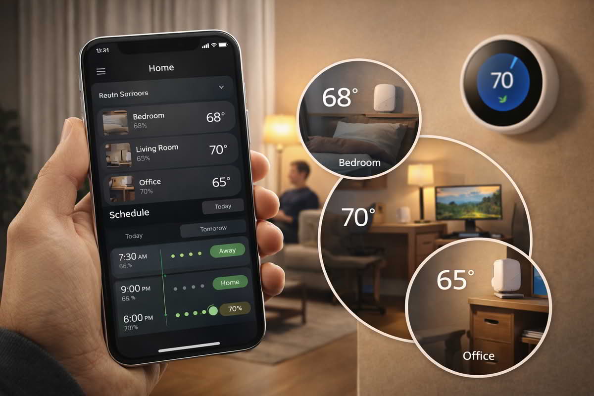 Smart thermostat app showing room sensors, home schedule, and temperature control for multiple spaces