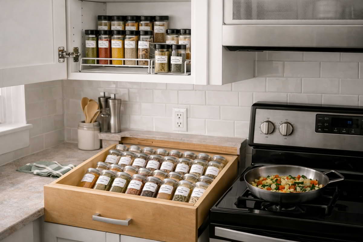 A realistic home kitchen showing spices organized in a practical cabinet and drawer setup near the cooking area, with clear label visibility and easy access