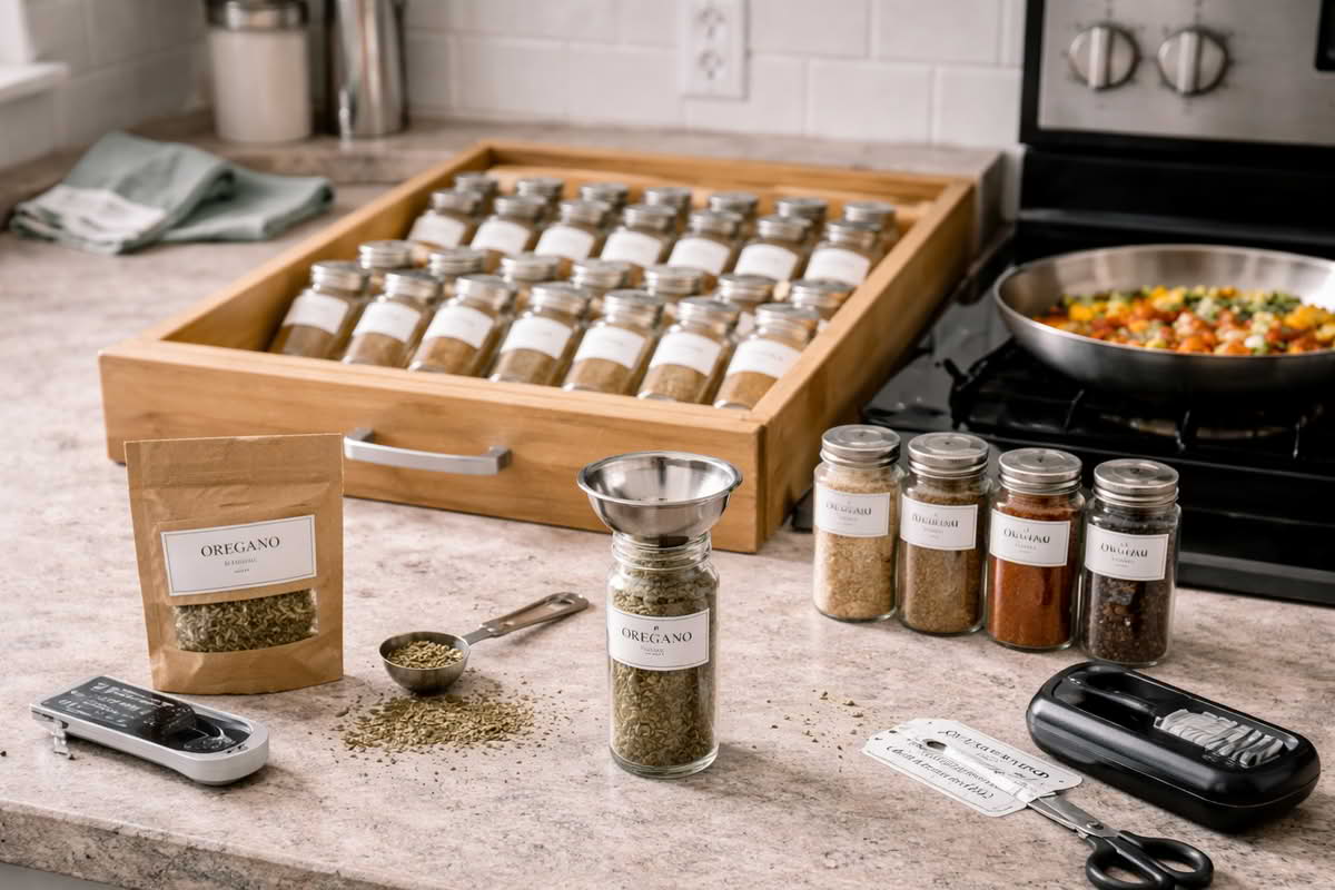 A realistic spice storage setup with labeled jars, a small refill bag, and an organized but lived-in kitchen scene showing practical long-term maintenance