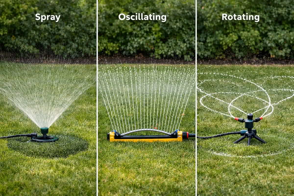diagram comparing spray, oscillating, and rotating sprinkler water patterns across a lawn