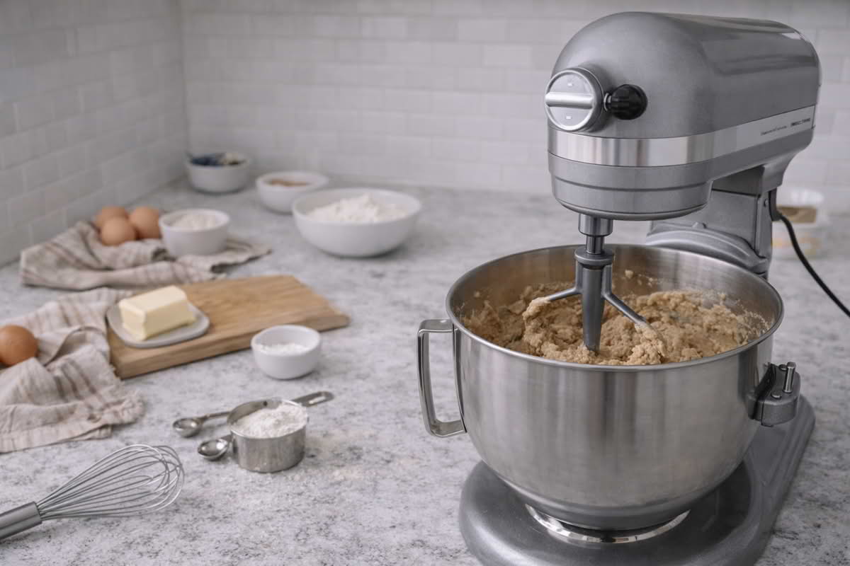 A realistic home baking scene with a stand mixer running on the counter while ingredients and tools are prepared nearby, showing hands-free mixing workflow in a real kitchen