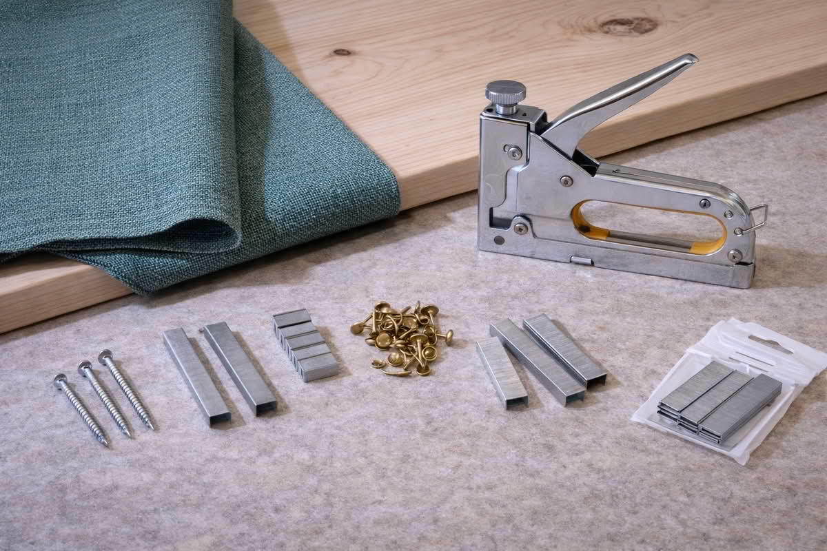 Staple gun positioned with fabric, wood backing, and fastening materials for upholstery and repair work