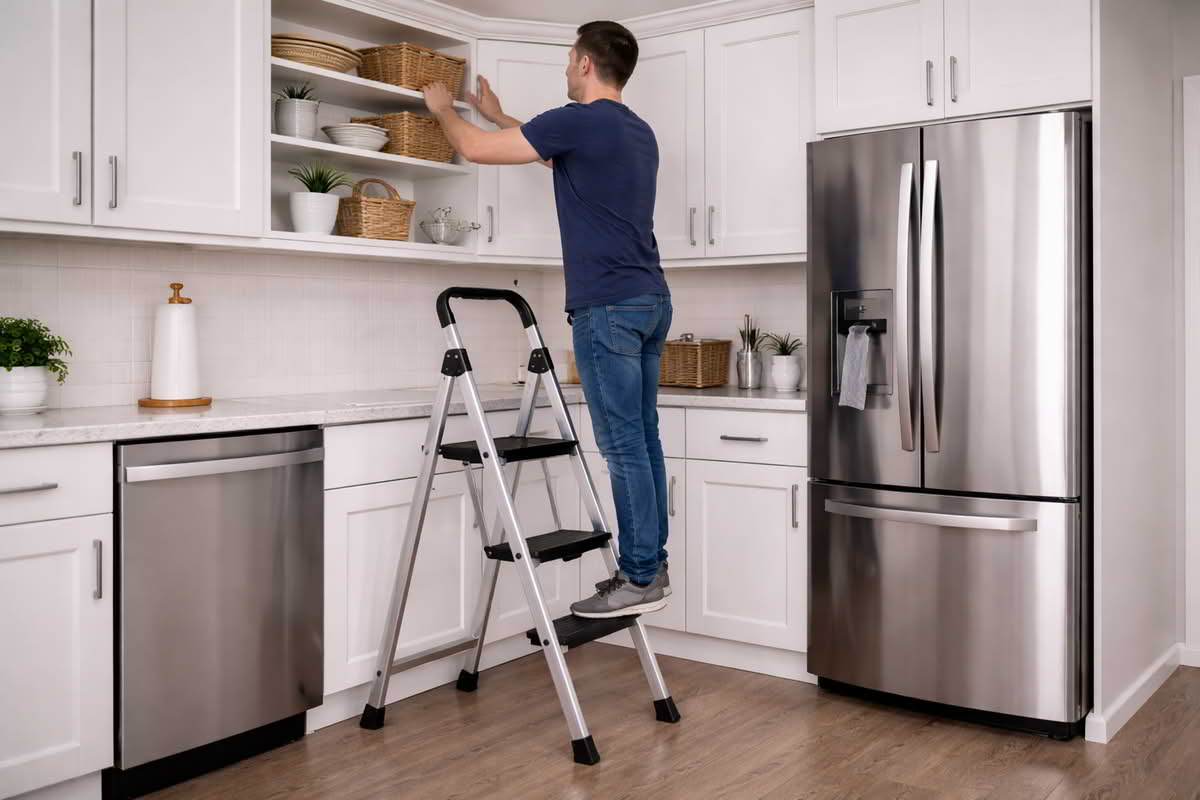 A folding step ladder opened in a kitchen while a homeowner reaches upper cabinets during a household project