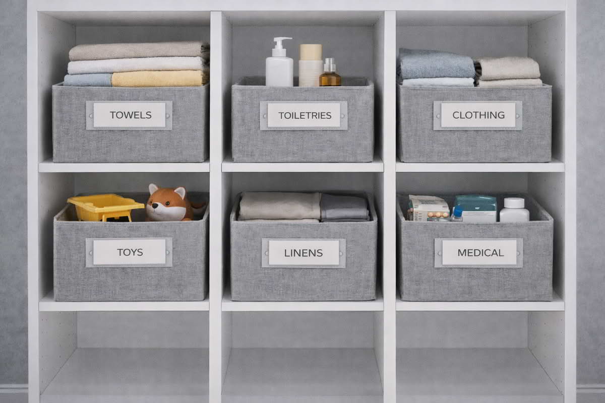 Rectangular storage baskets fitted neatly into shelving with consistent spacing and labeled categories
