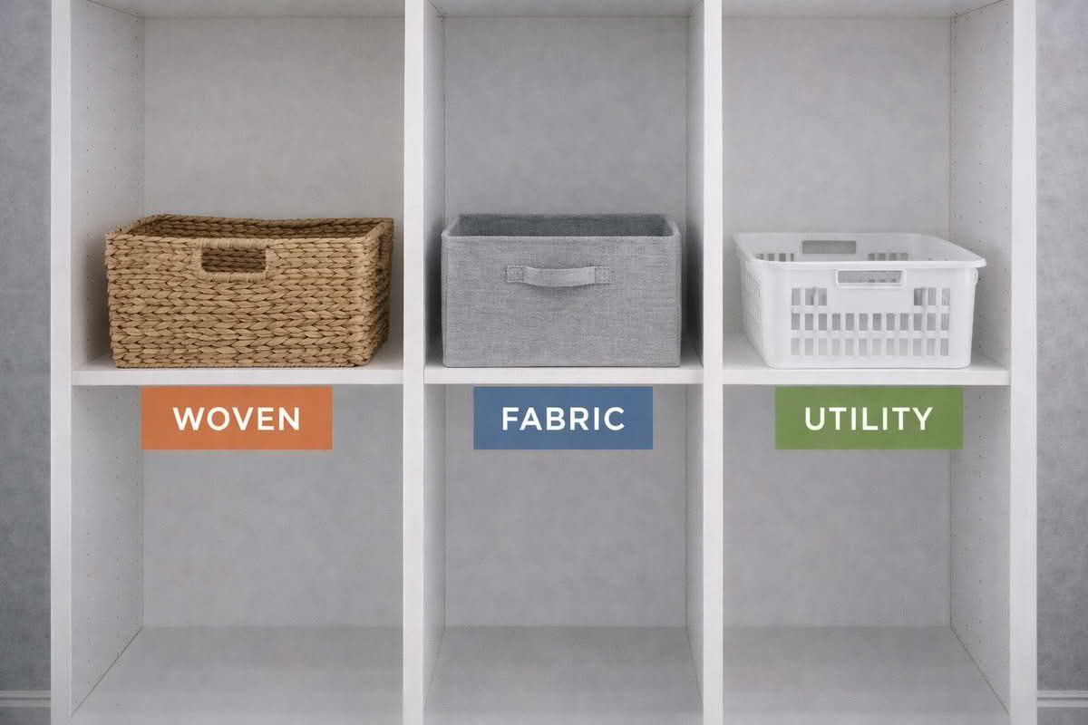 Different storage baskets on open shelving including woven, fabric, and utility-style basket materials