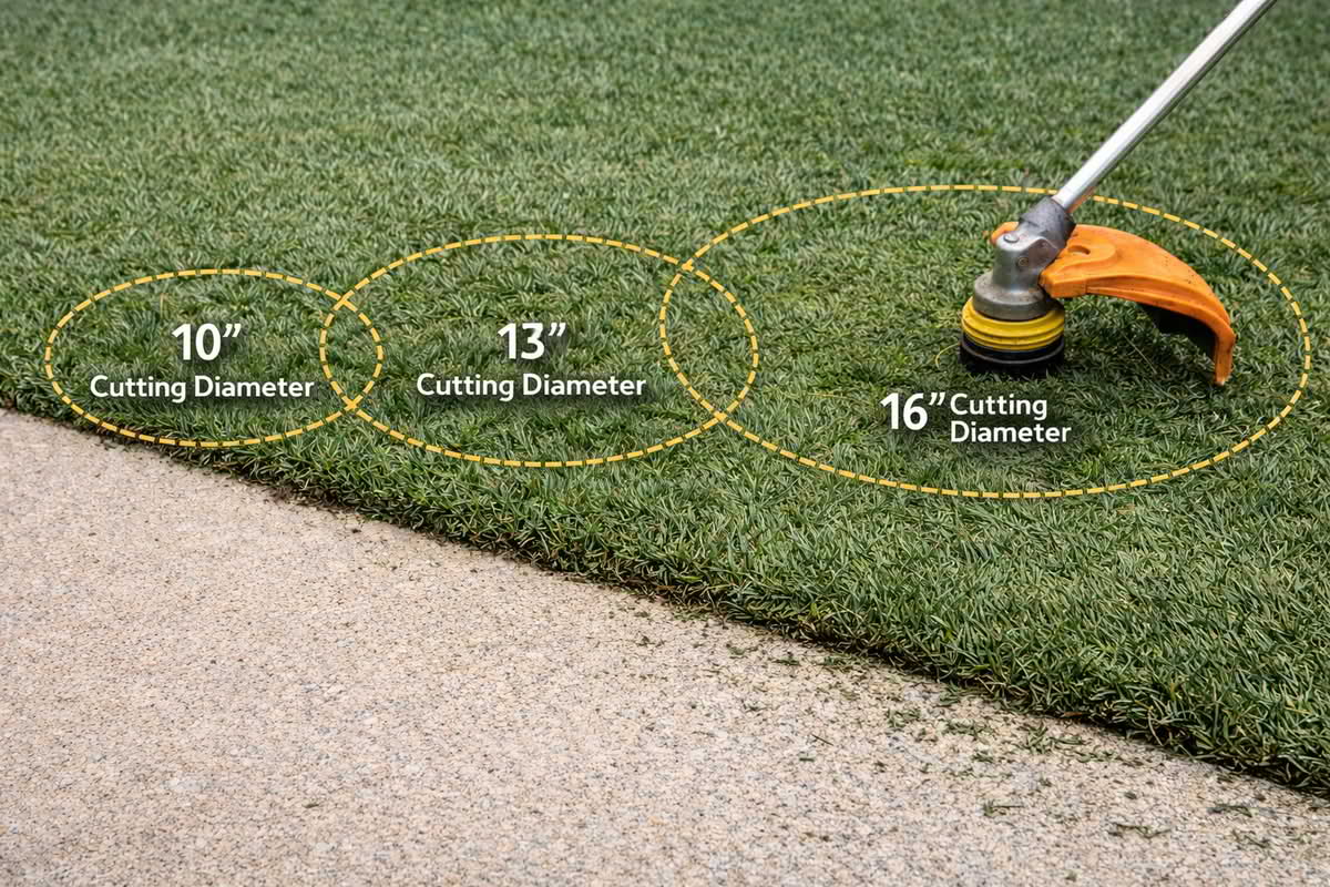 different string trimmer cutting widths demonstrated on lawn edge