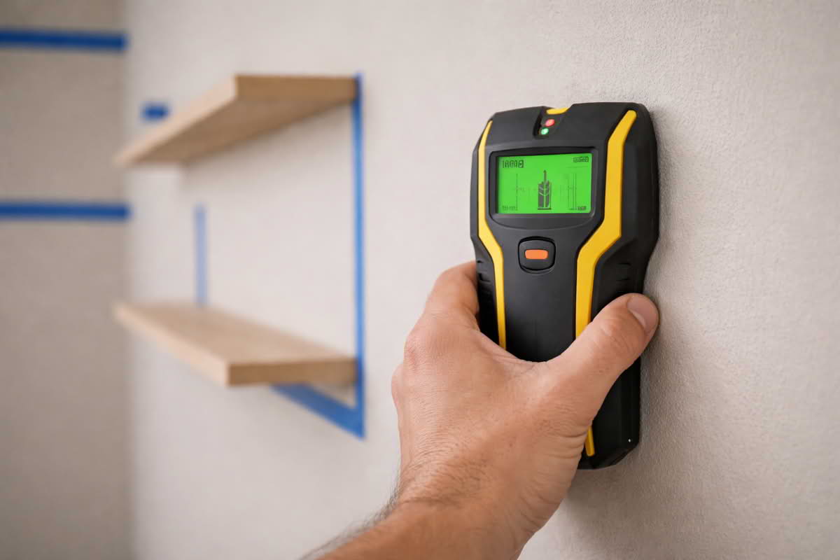 A stud finder being moved across an interior wall to locate framing for shelf installation