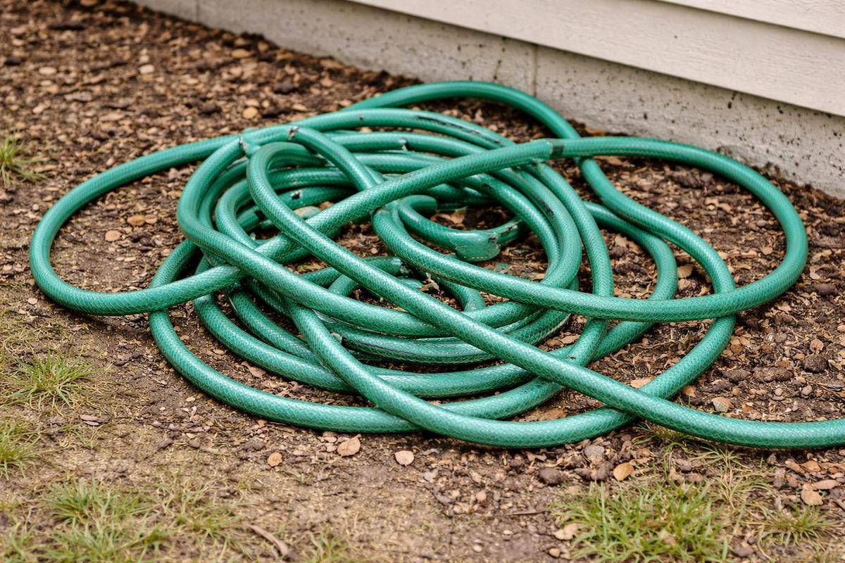 Tangled garden hose lying on the ground next to a house wall