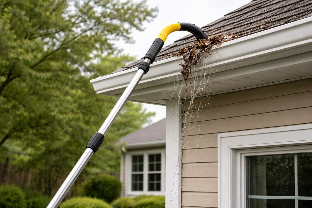 Telescoping pole tool reaching roof gutter from the ground